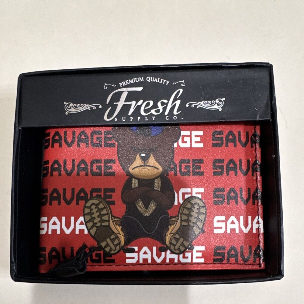 Fresh Supply Co. Men’s Black Bifold Wallet Red Graphic Interior Credit Card
